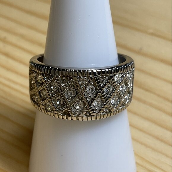 Wide Silver Rhinestone Band Ring Textured Design - Picture 1 of 4